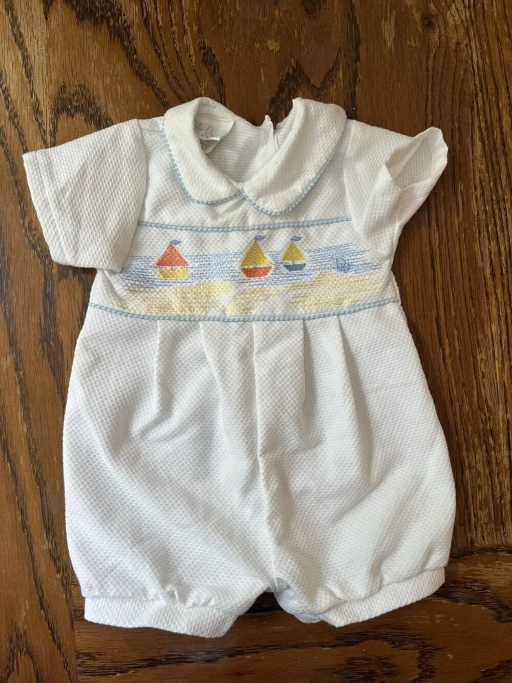 Vintage Baby Dior White Textured Romper With Sailboat Embroidery & Peter Pan Col